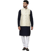 Sojanya (Since 1958 Men's Pure Cotton Navy Kurta And White Pyjama With Embroidered Cream Nehru Jacket