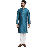Sojanya (Since 1958 Men's Jacquard Silk Peacock Blue Self Design Kurta & Off White Churidar Pyjama