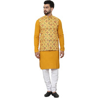 Sojanya (Since 1958 Men's Pure Cotton Mustard Kurta And White Pyjama With Printed Mustard Nehru Jacket