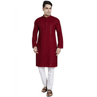 Divisive Men's Sequince Embroidered Cotton Blend Slim Fit Kurta Pyjama Set (Dkrt26_L_Red)