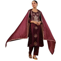 Ishin Women's Poly Silk Self Design Magenta Straight Kurta Suit Set With Trousers And Dupatta