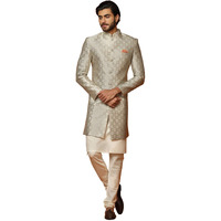 Kisah Men's Grey And Cream Indo-Western Kurta Sherwani Churidar Set Cotton Full Sleaves, Knee Length, Straight, Regular Fit, Mandarin Collar Ethnic Wear