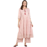 Idalia Floral Printed Cotton Kurta Set For Women Solid, 3/4 Sleeve, Round-Neck Kurta With Palazzo Pant