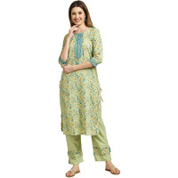 Anubhutee Women's Cotton Green Floral Printed Straight Kurta Suit Set With Trousers