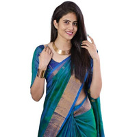 Flosive Women's Kanjivaram Silk Saree With Handloom Weaving Work With Blouse (Blue Bb)