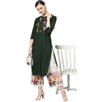 Ishin Women's Pure Cotton Green & Off White Thread Embroidered A-Line Kurta Set With Palazzo