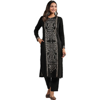 Ishin Women's Black Jacquard Style Geometric Pattern Straight Winterwear Kurta