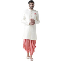Kisah Men's Indo-Western Sherwani Dhoti Set, White Jacquard Woven Design Regular Fit Mandarin Collar Long Sleeves (Xl)