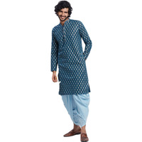 Kisah Men's Kurta, Blue Cotton, Floral Long Sleeves Regular Fit Mandarin Collar (S)