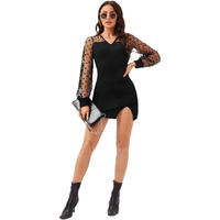 Om Sai Latest Creation Western Dress For Women || Lycra Plain Short Bodycon Dress || Polka Dot Long Net Bishop Sleeve Dobby Mesh Dresses || Panel Split Hem Dress Perfect For Date. (Large, Black)