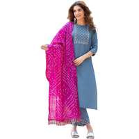 Sanisa Women's Chinnon Embroidery Straight Kurta With Pant And Plain Dupatta (71Kbd801Nz-L_Dusty Blue)