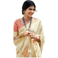 Satrani Women's Cotton Blend Floral Printed Zari Border Saree With Unstitched Blouse Piece (3638S715N_Cream & Dark Orange)