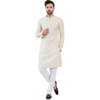 See Designs Full Sleeve Side Slit Cream Cotton Solid Straight Mandarin Collar Kurta With Pyjama - Sdkt241301L