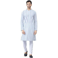 See Designs Men White And Blue Chikankari Embroidered Cotton Kurta Long Sleeves_Sdkt1429M