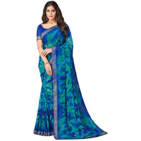 Satrani Women's Lace & Printed Chiffon Saree With Blouse(2206Sr934_Blue & Multi)