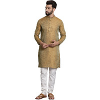 Sojanya (Since 1958 Men's Silk Blend Mustard Self Design Kurta And White Churidar Pyjama Set