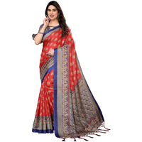 Yashika Women's Printed Kalamkari Art Silk Saree With Tassels And Unstitched Blouse Material (Az-Ys-P1-Pinali Red Jhalar)
