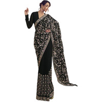Flosive Women's Embroidered Bollywood Georgette Saree (Black-)