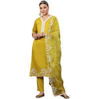 Stylum Women's Lime Green Solid & Embroidered Silk Straight Kurta Pant Dupatta Set