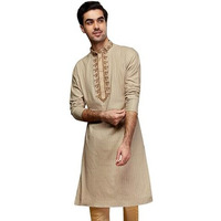 Kisah Mens Kurta, Jacquard Floral Mandarin Collar Long Sleeves, Beige Ethnic Wear For Men, 40