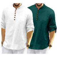 Royalscout Men's Cotton Polyester Blend Solid Regular Fit Full Sleeve Short Kurta | Ethnic, Lightweight Summer Kurta For Daily & Occasion Use White-Green