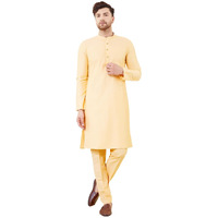 See Designs Men Full Sleeve Mandarin Collar Side Slit Beige Cotton Solid Straight Kurta With Matching Pyjama - Sdkt2414-18Xs