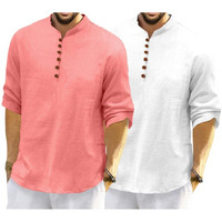 Royalscout Men's Cotton Polyester Blend Solid Regular Fit Full Sleeve Short Kurta | Ethnic, Lightweight Summer Kurta For Daily & Occasion Use Peach-White