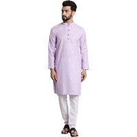 Sojanya (Since 1958 Men's Cotton Blend Purple Checked Kurta And White Churidar Pyjama Set