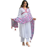 Sanisa Women's Cotton Blend Sequence Embroidery Foil Printed Lace Alia Cut Kurta With Pant And Dupatta Set| Ethnic Set | Suit Set | Kurta Set(206Kbd2187N-Xxl_White)