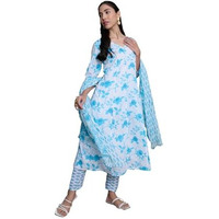 Stylum Women's Floral Printed Cotton A-Line Kurta Pant Dupatta Set (Kpdskymoringa44_Sky Blue, Xxl)