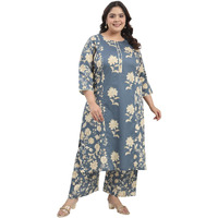 Tissu Women's Plus Size Grey Floral Printed Pure Cotton Kurta With Palazzo (742_Grey_6Xl)