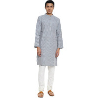 Fabindia Men Cotton Striped Long Kurta Green_M