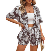 Greciilooks Women's Rayon Tropical Co-Ord Set  Kimono Sleeve Shirt With High Waist Shorts & Tube Top For Summer Beachwear (Gl-W2264&Sh301-L-Brown)