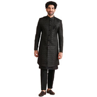 Kisah Mens Indo-Western Sherwani Trouser Set|Silk Blend Fabric Self Design Pattern Mens Sherwani Set|Regular Fit Mandarin Collar Long Sleeves, Black, 40