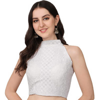 Pujia Mills Women's Halter Neck Chickankari Work Readymade Saree Blouse (Halter Neck_White_38)