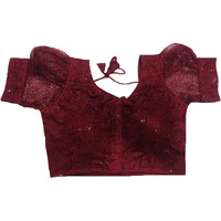 Pujia Mills Womens Readymade Indian Ethnic Designer Stitched Women's Blouse Net Chiken Shifli Sequence Embroidery Work Blouse Fancy Puff Sleeve Maroon Blouse Schhiffli Fabric Saree Blouse For Choli