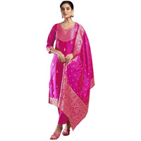 Sanisa Women's Silk Blend Jacquard Work Straight Kurta With Pant And Dupatta Set (217Kbd2301Na-Xxl_Rani Pink & Golden2)