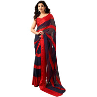 Satrani Women's Georgette Printed Satin Stripe Saree With Unstitched Blouse Piece (3929S150N_Navy Blue & Red5)