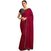 Satrani Women's Vichitra Silk Stone Work And Piping Border Saree With Unstitched Blouse Piece (3916S512N_Cherry Red)