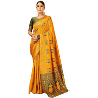 Satrani Women's Banarasi Silk Weaving Stone Work Saree With Unstitched Blouse Piece (4245S6698N_Yellow)