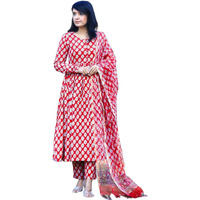 Nermosa Women Printed Anarkali Kurta And Pant Set With Dupatta (In, Alpha, L, Red)