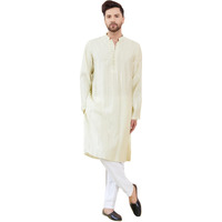 See Designs Men Full Sleeve Side Slit Cream And Gold Chanderi Silk Sequins Mandarin Collar Kurta - Sd2Kt_2431L