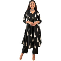 Shienzy Cotton Blend Teardrop Motif Anarkali Women's Kurtas & Kurtis (1612_1654-Xl_Black