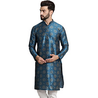 Sojanya (Since 1958 Men's Silk Blend Peacock Blue Color Print Design Only Long Kurta
