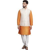 Sojanya (Since 1958 Men's Silk Blend Print Orange Kurta And Cream Pyjama With Cream Nehru Jacket