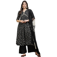 Stylum Women's Bandhej Printed Rayon Naira Cut Kurta Palazzo Dupatta Set (Kpdblackcharli38_Black, M)