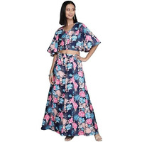 Varanga Women Blue Floral Printed, Flared Sleeves, Front Open With Tie Up Details Crop Top Paired With Flared Bottom