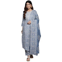 Varanga Women Blue Abstract Printed Embroidered Kurta Paired With Bottom And Dupatta