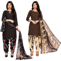 Yashika Women's Crepe Dress Material Set For Women | Unstitched Printed Fabric For Kurta Bottom & Dupatta (Ys-Black Flower-Nitu Brown)