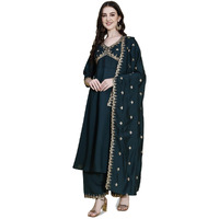 Pratham Blue Kurta Set For Women Silk Embroidered Anarkali Kurta Set For Women With Palazzos And Dupatta (Pb-6165-L_Green)